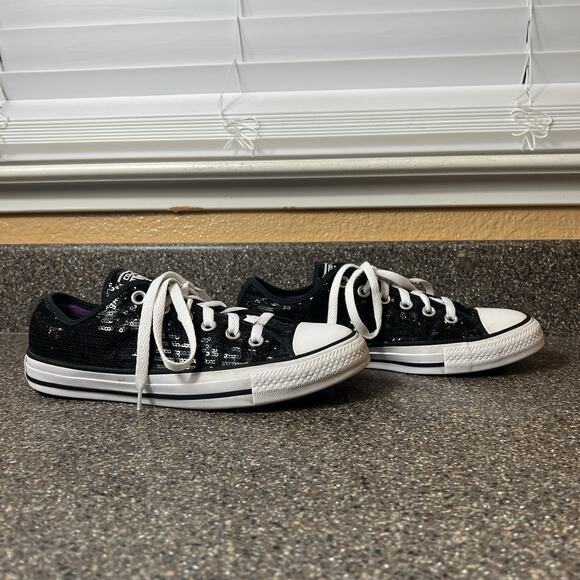 Converse All Star Low Top Women Sz 8 Sequined Black Canvas Sneaker Skate Lace Up - Picture 3 of 10